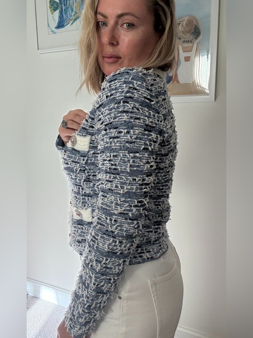 Vintage Pookie & Sebastian Blue White Bouclé Tweed Blazer Jacket Size 6 USA - Picture 5 of 9